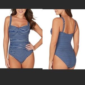 Niptuck Twist Tummy Denim Stripe Bathing Suit
Women's Retro Nautical Size 4 NEW